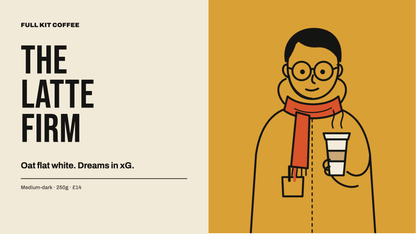 The Latte Firm. Round glasses, red scarf, parka, flat white.