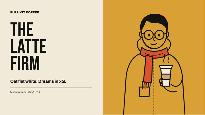 The Latte Firm. Round glasses, red scarf, parka, flat white.
