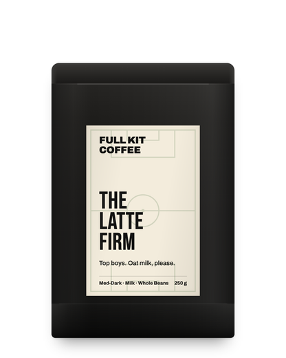 The Latte Firm, medium-dark espresso blend for milk, 250g matt black bag